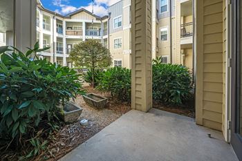 A view of a courtyard with a tree and a bench.